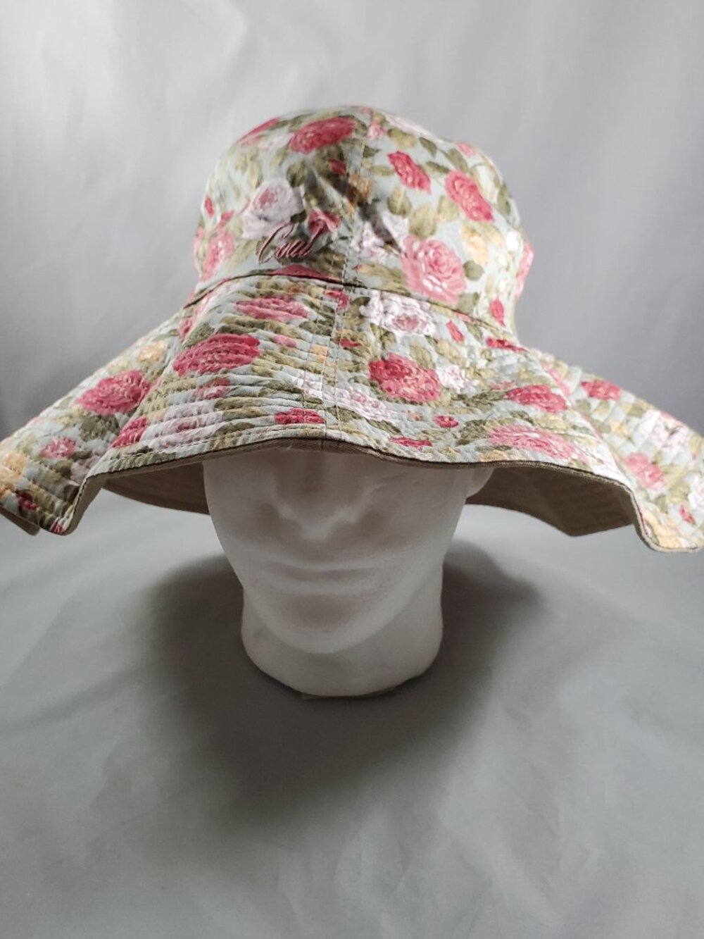 Coal Wide Brim Sun Hat Women Reversible Floral Roses Khaki Beige Cotton